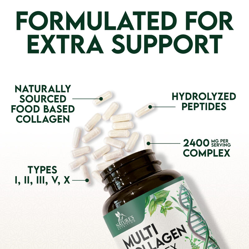 Multi Collagen Pills - Hydrolyzed Collagen Peptides Capsules for Women & Men - Types I, II, III, V, X Multi Collagen Complex - Hair, Skin & Nails Support Supplement - Bottled in the USA - 120 Capsules 120 Count (Pack of 1)