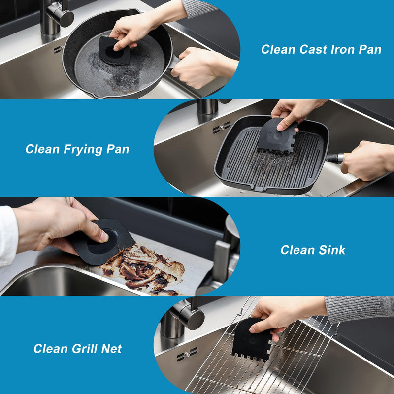 [Australia] - SUBEKYU ANTI-SCRATCH Cast Iron Scrubber with Pan and Grill Scrapers, 316 Stainless Steel Chain Mail Scrubber Cast Iron Cleaner, Metal Cleaning Kit Tools Include Chainmail Scrubber, 6"x6" Silvery+black 6"x6" 