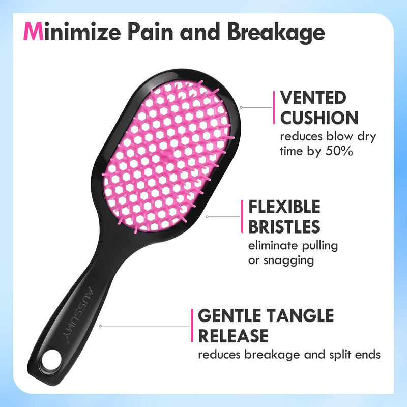 Vented Detangling Hair Brush - 2 Pack Detangler Hairbrush for Effortless Tangle Removal - Ultra-Soft Bristles -For Natural Curly Straight Wet Dry Damaged Hair for Women Men Kids Pink+Pink