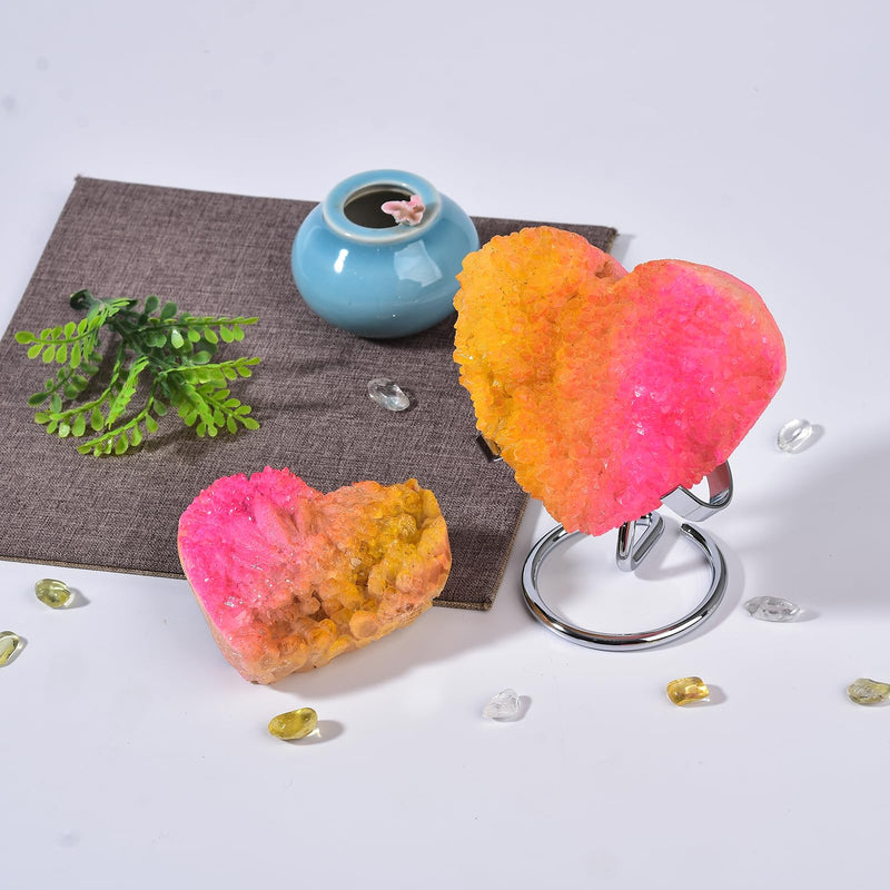 JIC Gem Pink Yellow Titanium Coated Large Heart Crystal Cluster Geode Healing Crystals Heart Shaped Rocks with Crystal Display Stand Home Decor Reiki Meditation 3.14-3.54 inch Pinkyellow
