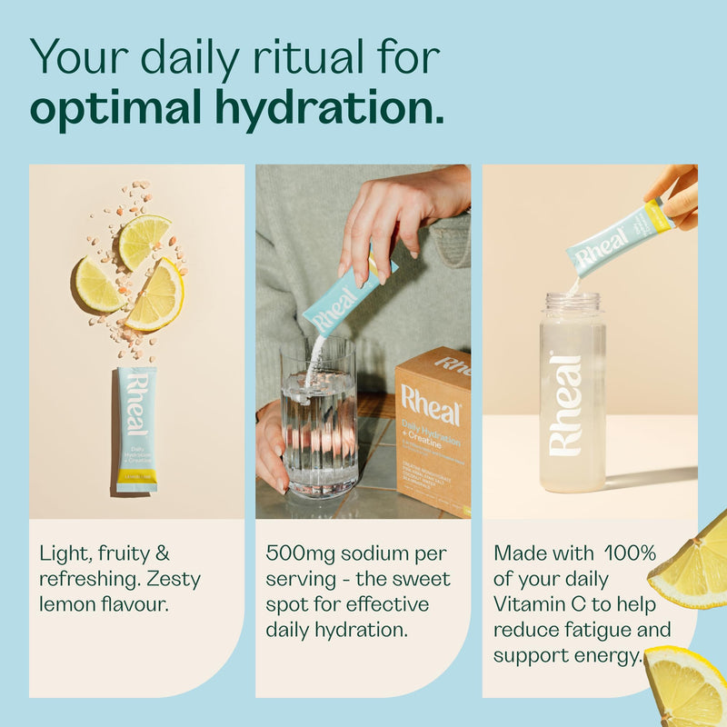 Rheal Hydration + Creatine Sachets, 28 Pack, Ready to Mix, Sugar Free Electrolytes with Creatine & Vitamins, Daily Hydration, Energy, Focus, Performance & Recovery – Lemon & Lime