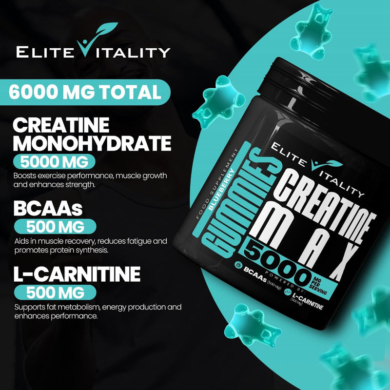 Creatine Monohydrate 90 Gummies 5000mg + BCAAs & L-Carnitine – 3rd Party Lab Tested, Vegan, Sugar-Free, Pre Workout Muscle Growth & Recovery Gym Supplement for Men & Women – Tangy Blueberry Blast