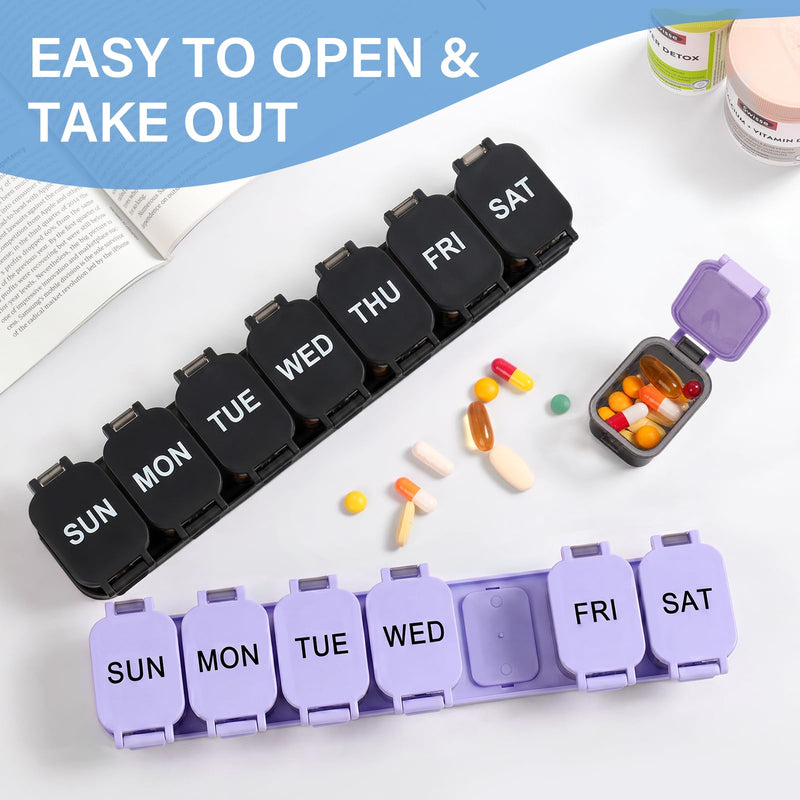 Yaklim Extra Large Weekly Pill Organizer, Detachable 1 Time a Day Pill Box | XXL 7 Detachable Compartments / Easy to Open & Fill / Waterproof Seals / For Big Vitamins & Supplements / Easy Readability Blackpurple+black