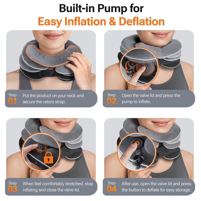 [Australia] - Built-in Inflatable Neck Stretcher, Cervical Traction Device with High-Front & Low-Back for Effective Traction and Support, Neck Decompression Devices with 3-Layer Chambers in Varied Sizes, Home Use Gray 
