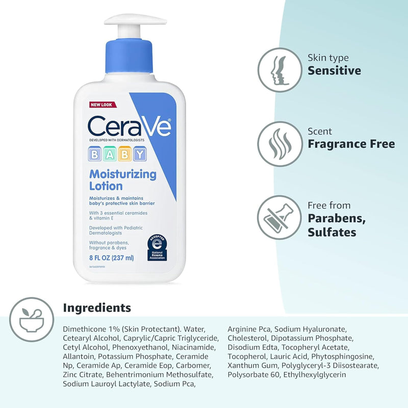 CeraVe Baby Lotion, Baby Skin Moisturizer with Vitamin E & Niacinamide, 8oz | Gently Hydrates Delicate Skin with A Non-Greasy Feel, Free Of Fragrance, Dyes, Paraben & Phthalates 8 Fl Oz (Pack of 1)