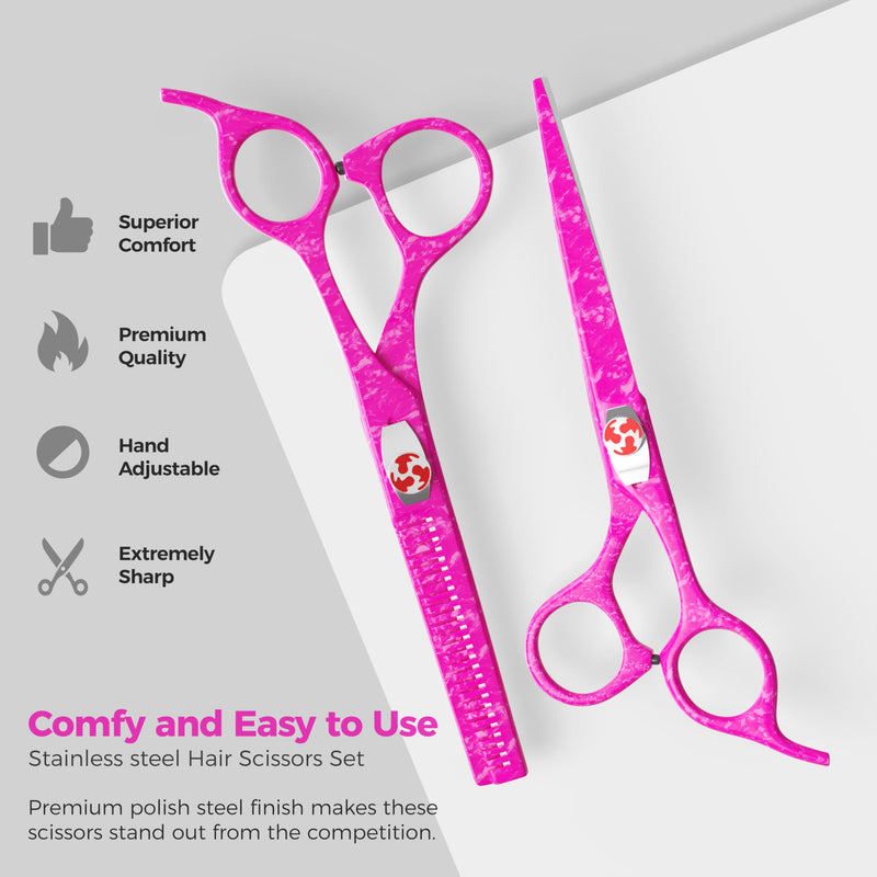 Suvorna Hair Scissors Professional with Thinning Shears for Hair Cutting | 6" Japanese Steel hair cutting scissors | Sharp Barber Scissors for Cutting and Layering | Hair Shears for Women and Men Pink