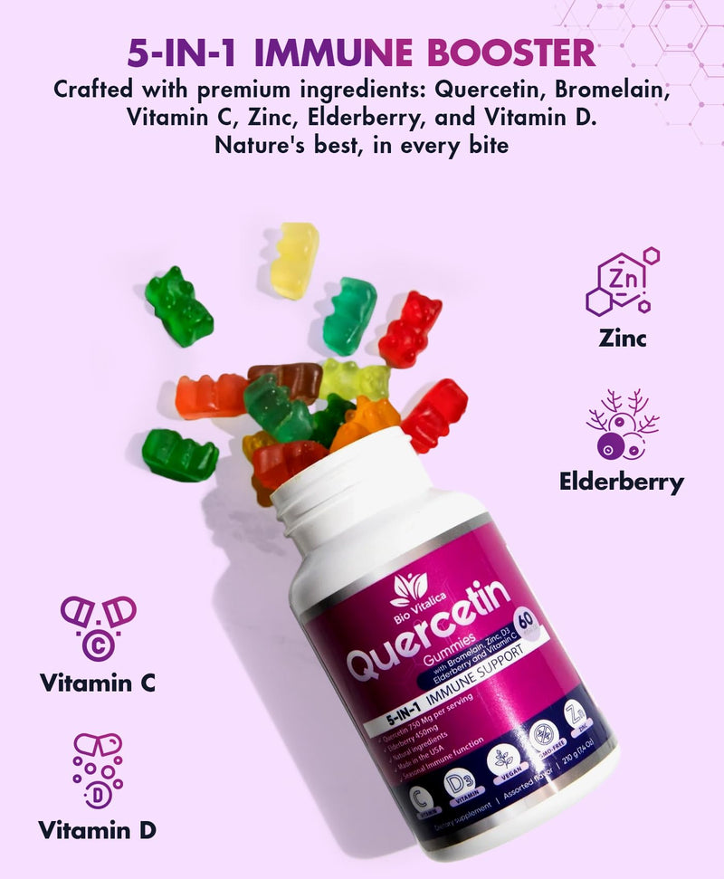 [Australia] - Quercetin Gummies by BioVitalica - Quercetin with Bromelain Vitamin C and Zinc & Elderberry + Vitamin D3-5 in 1 Immune Support - Zinc Quercetin 750 mg for Kids and Adults (1) 60 Count (Pack of 1) 