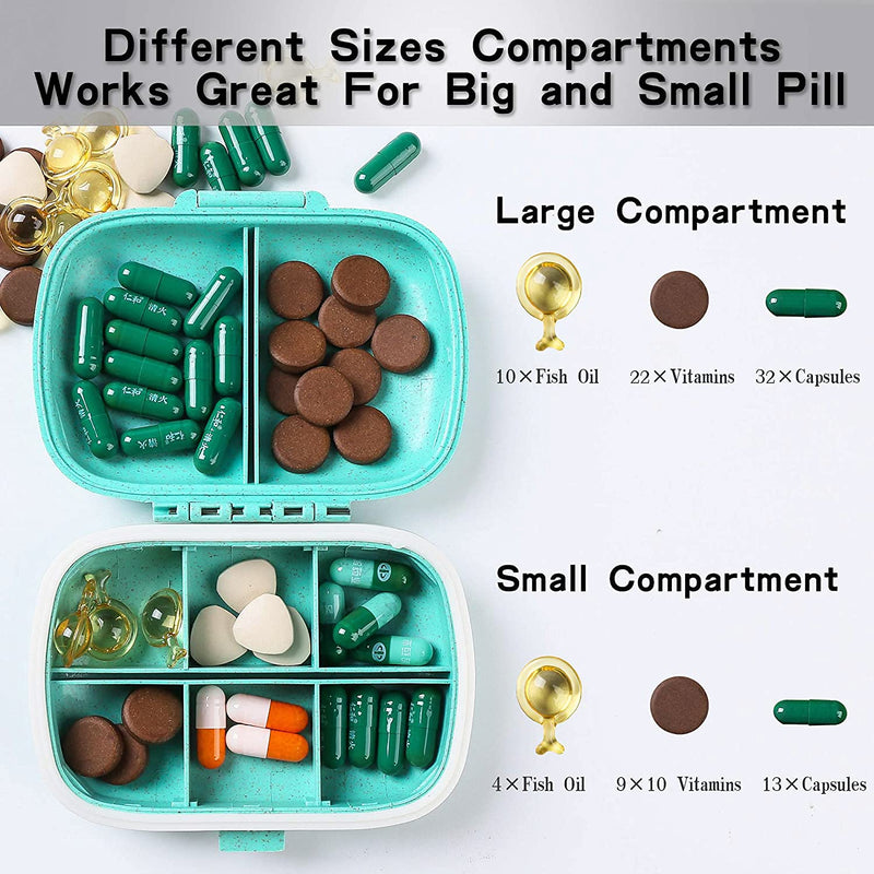 4 Pack Travel Pill Organizer, 8 Compartments Small Pill Box Daily Pill Case | for Medicine, Vitamin, Supplement Storage, Compact Pill Container for Pocket, Purse, Travel, Office, Home Use 4 Pcs 8-Compartment Pink+blue+green+beige