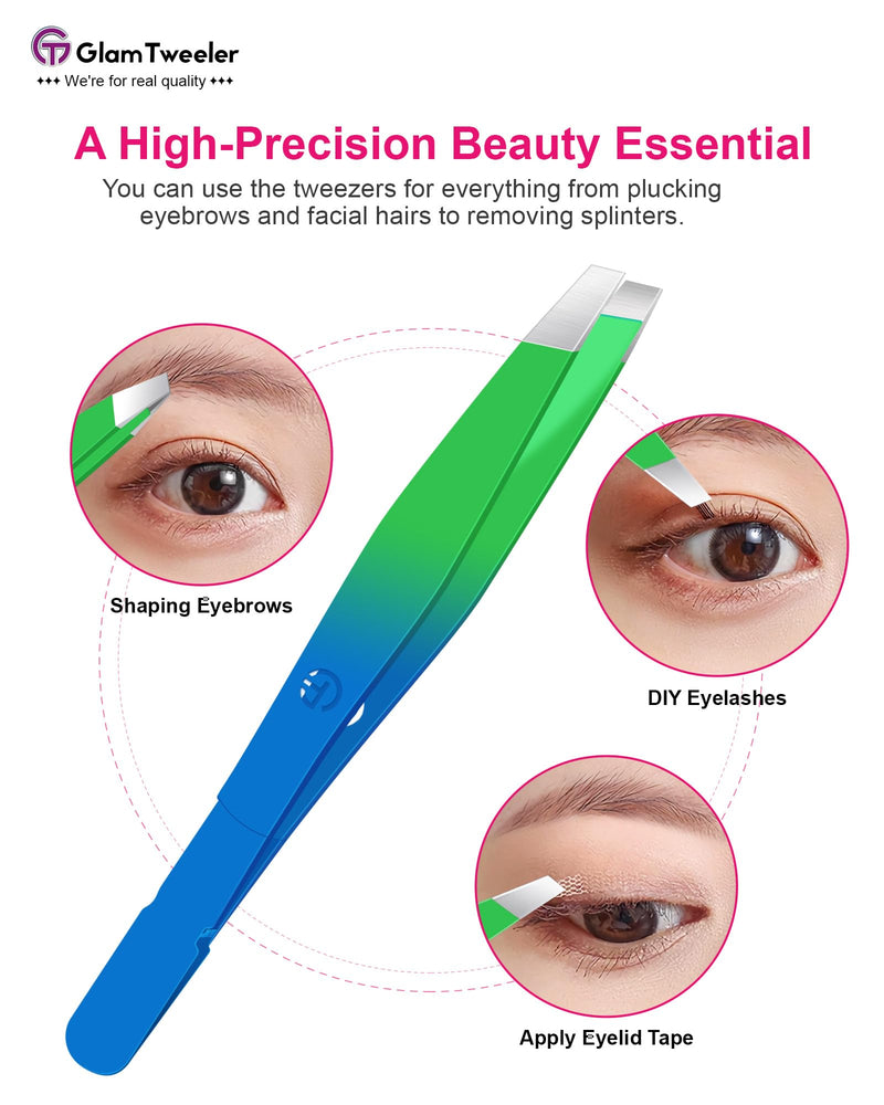 Exclusive G-01 Slant Tip Tweezers, GlamTweeler High Precison Expert Eyebrow and Facial Hair Removal Tweezer with Leather Storage & Carrying Case (Princess Blue & Green) Princess Blue & Green