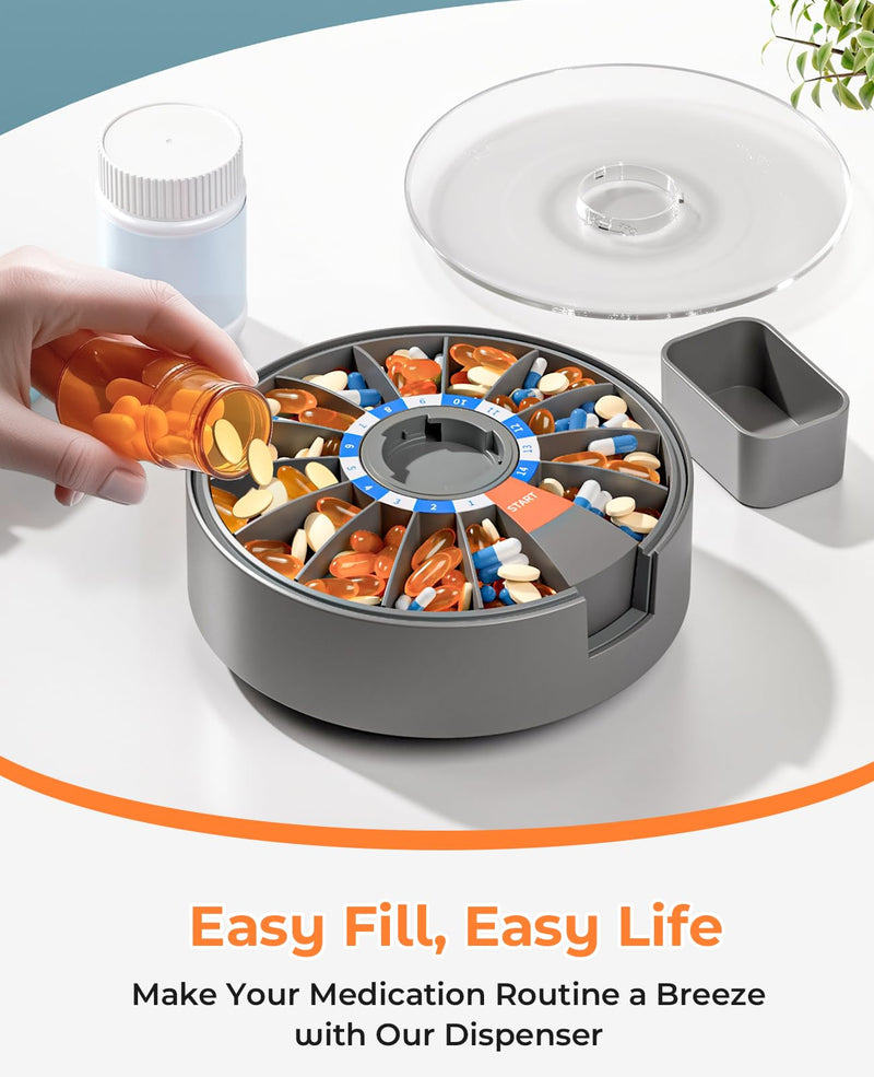 Daviky Daily Pill Dispenser, Large Capacity 14-Day Pill Organizer Box | Push Button Dispensing, Easy Open, Wall-Mounted or Standing, 14 Compartments, Senior-Friendly, for Medication & Vitamins Gray