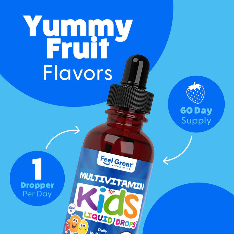 Feel Great Vitamins Organic Multivitamin Liquid Drops for Toddlers & Kids | Daily Essential Nutrients for Healthy Growth | No Iron, Sugar-Free | USDA Organic, Vegan, Non-GMO, Gluten-Free | 2 Fl Oz