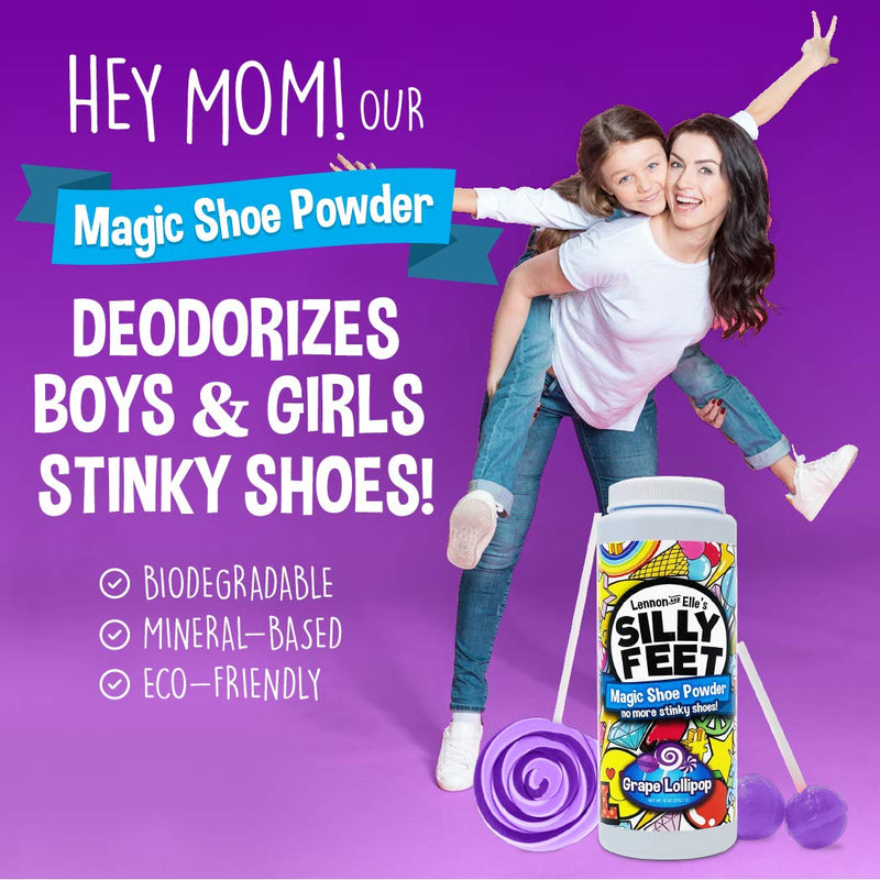 Magic Shoe Deodorizer, Foot Odor Powder for Smelly Feet, Odor Eliminator Stronger than Spray, Kids Shoe Powder for Odor Control, Large 8 Oz, Grape Lollipop Scent