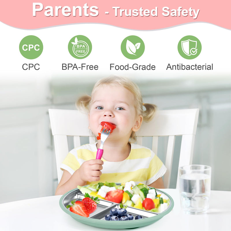 [Australia] - Bella's Friends Stainless Steel Baby Plates with Suction 3 Pack, 9” Divided Toddler Plates with Removable Silicone Sleeves for Mess-Free Feeding, Non-Toxic, Non-Slip, Dishwasher Safe, Green,Blue,Gray 3pack 9" 