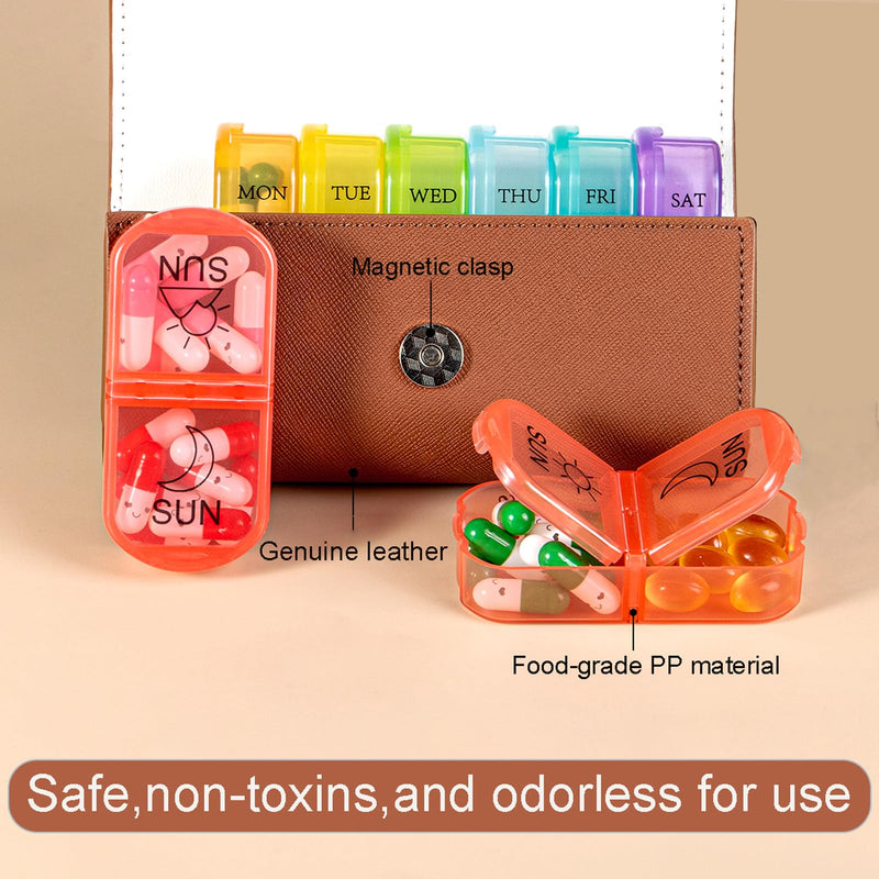 Weekly 2 Times A Day Pill Organizer for Travel 7 Day Am and Pm Portable Pill Box with Delicate Storage Bag for Pills,Vitamins,Fish Oils, Rainbow Compartments, Portable Travel Medication Container