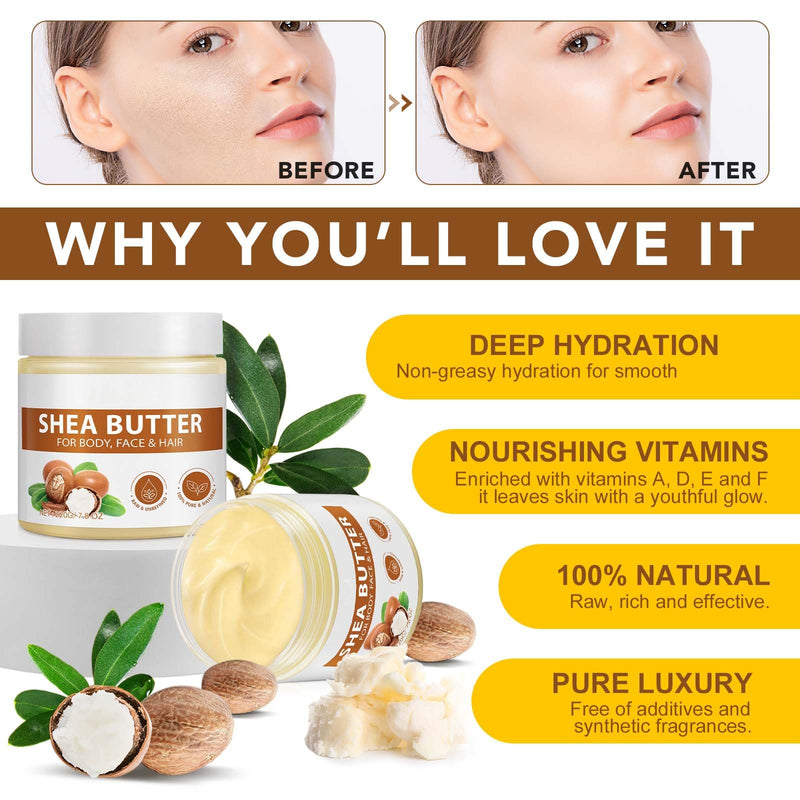 Shea Butter Raw, 2 Pack Shea Butter for Face & Body with Vitamin A,and F, Hand Cream, Long-Lasting Hydration & Deeply Moisturizing for Dry & Cracked Skin, SkinCare, Keeps Skin Healthy 7.8 Ounce (Pack of 2)