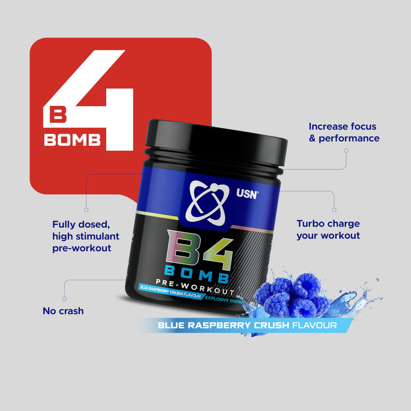 USN B4 Bomb Energy Drink Powder, Blue Raspberry - 180g, with Vitamin B12 & B6, Creatine, Caffeine & Zynamite for Stamina & Explosive Energy, Glucose Free, No Added Sugar, Quality Dietary Supplement 180g (Pack of 1)