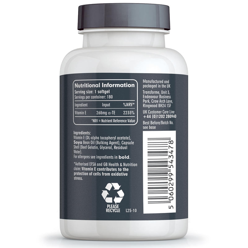 Transforme Vitamin E Capsules 400iu, 180 High Absorption Softgels for Skin, Eyes & Immune System, 6 Month Supply, Gluten Free, UK