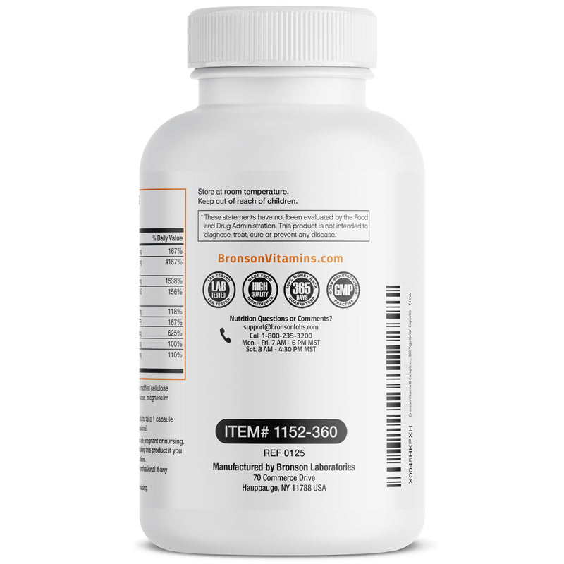 Bronson Vitamin B Complex with Vitamin C Vegetarian Capsules, 360 Count | Immune Health, Energy Support, Nervous System Support, Non-GMO, Soy-Free, Gluten-Free, Contains All B Vitamins Unflavored 360 Count (Pack of 1)