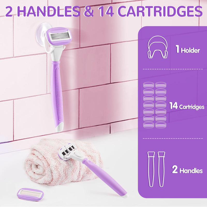 [Australia] - Razors for Women Include 2 Non-Slip Handles and 14 Blade Refills with a Shower Holder, 5 Premium Blades Women's Razors for Shaving with 360° Lubrication Reduces Irritation, Purple 