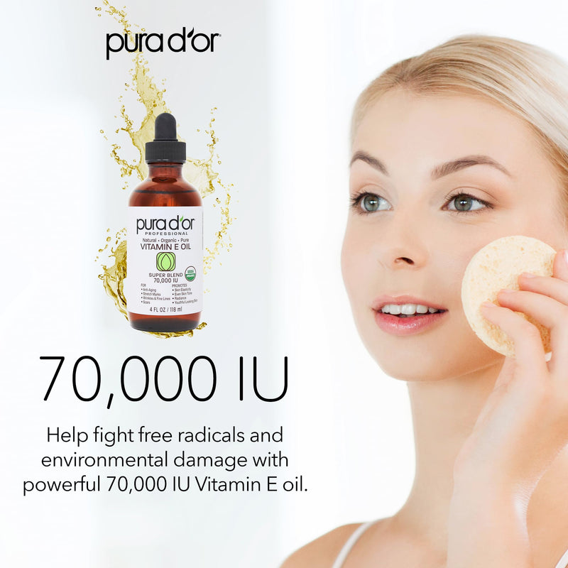 [Australia] - PURA D'OR 4 Oz ORGANIC Vitamin E Oil Blend 70,000 IU - 100% Natural Hexane Free, Sweet Almond, Apricot, Jojoba, Argan, Rosehip, Sunflower & Avocado Bath Oil For Scars, Skin, Face & Full Body 