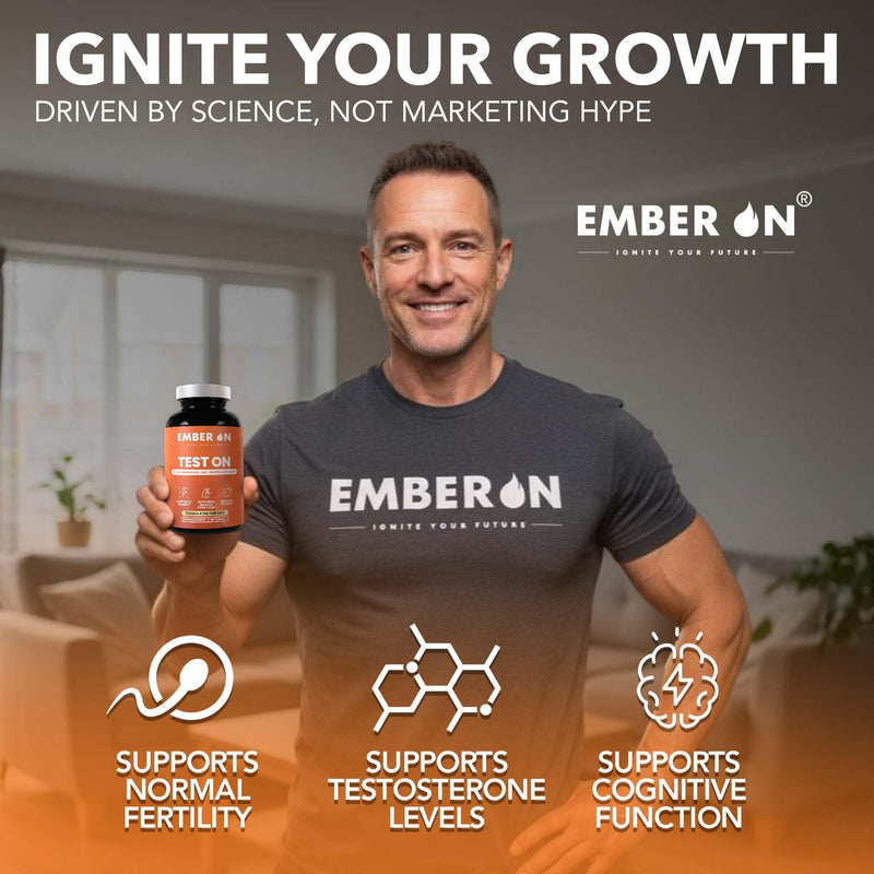 EMBER ON Test On Supplement for Men | High Strength Booster Supplements | 10-in-1 Magnesium Zinc Ashwagandha Boron Fenugreek VitD3 VitB6 VitK2 & Panax Ginseng | 180 Vegan Capsules | UK Made