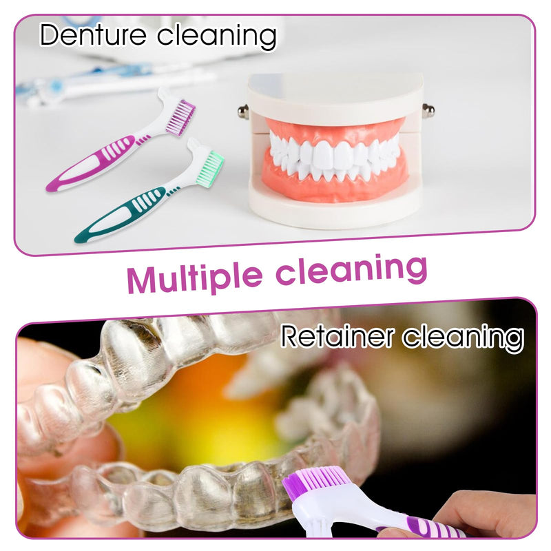 [Australia] - 4 Pcs Denture Brush, Portable Denture Toothbrushes with Carrying Case, Dual Angled False Teeth Care Cleaning Brush with Multi-Layered Soft Bristles (Purple, Green, Blue, Orange) 