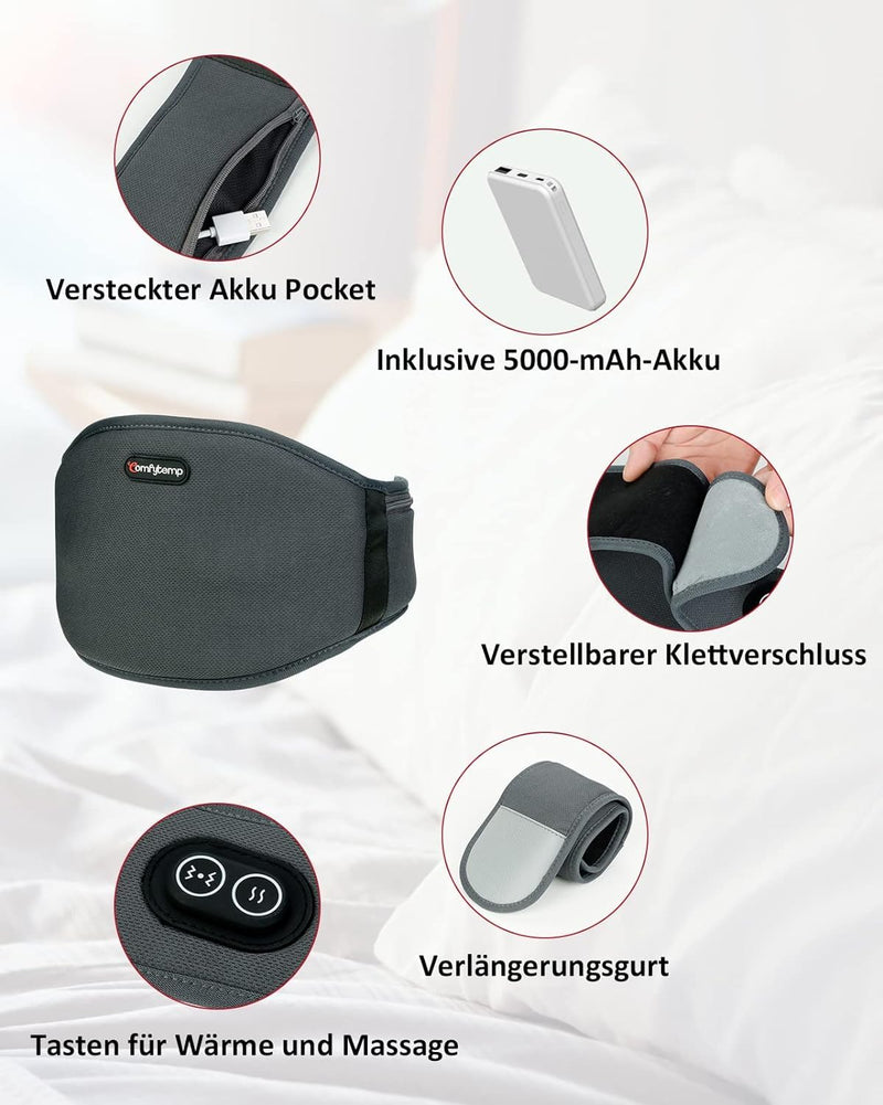 [Australia] - Comfytemp vibration massage heat belt for back with 25Wh battery, 18x147cm wireless heating belt massager with 3 heat levels & 3 massage modes, ultra-soft back warmer with automatic switch-off-L gray 