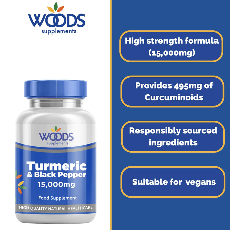 Woods Supplements - 15,000mg High Strength Turmeric & Black Pepper 60x Vegan Curcumin Turmeric Extract Tablets with Added VIT B5, VIT C and Zinc. High Absorption for Joint Care and Digestion 60