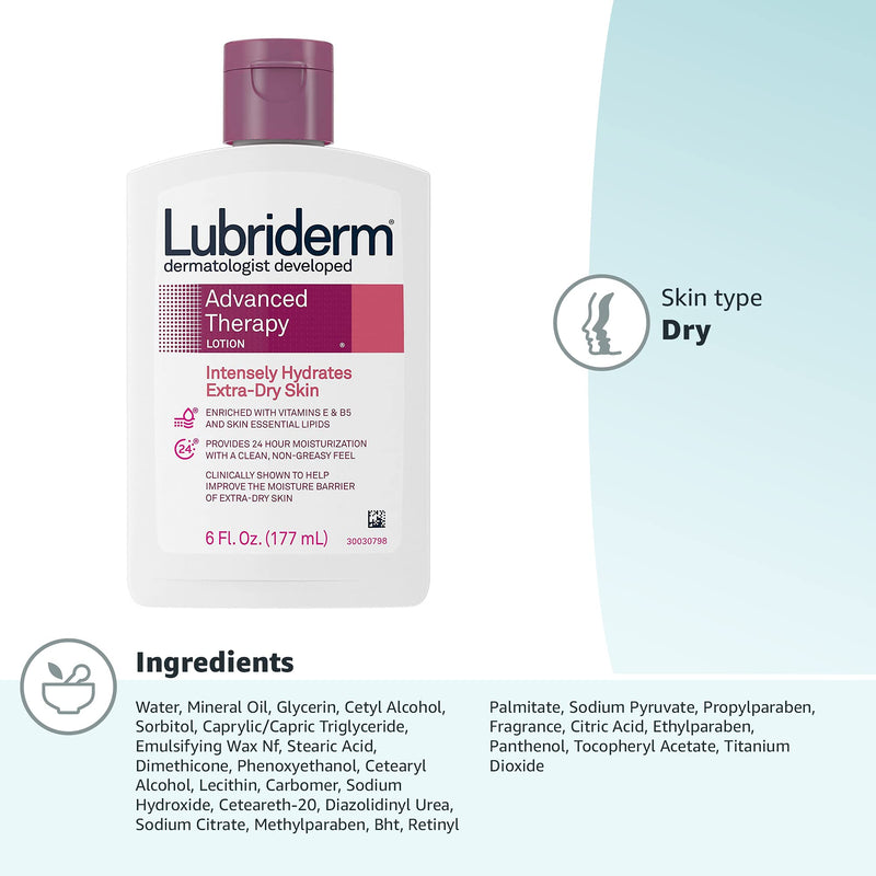 Lubriderm Advanced Therapy Fragrance-Free Moisturizing Hand & Body Lotion + Pro-Ceramide,Intense Hydration for Itchy,Extra Dry,& Sensitive Skin,Non-Greasy,Hypoallergenic,6 fl. oz,(Pack of 2) 6 Fl Oz (Pack of 2)