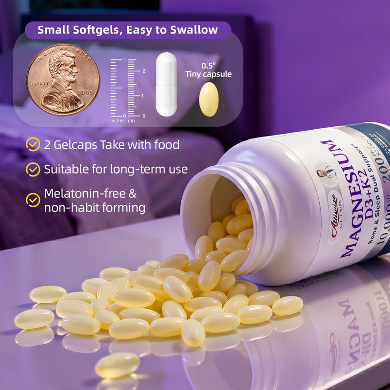 Magnesium Glycinate Softgels with D3 K2 Vitamin 10000 iu, 120 Gelcaps | Magnesium Glycinate Complex Small Pills, Easy to Swallow Support Daily Calcium, Sleep, Immune Health for Women/men 400mg 120 Count (Pack of 1)
