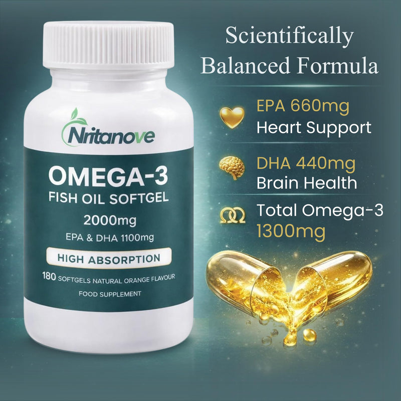 Omega 3 Fish Oil Capsules High Strength 2000mg - 180 Softgels Halal | No fishy aftertaste