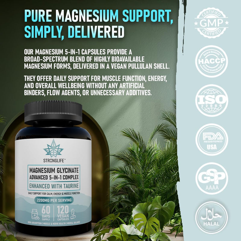 Magnesium 5-in-1 Capsules – 120 Capsules | 60-Day Supply | Glycinate, Citrate, Malate, Oxide, Lactate + Taurine | High Strength | Muscle, Energy, Sleep Support