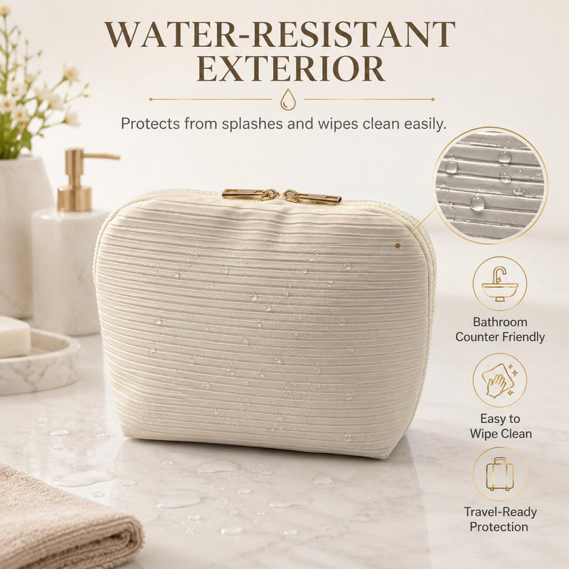 Waterproof Fold-Down Travel Makeup Bag for Women, Cosmetic Organizer with Multi-pocket, Stand Toiletry Bag (Basic Version, Cream Beige, Medium)