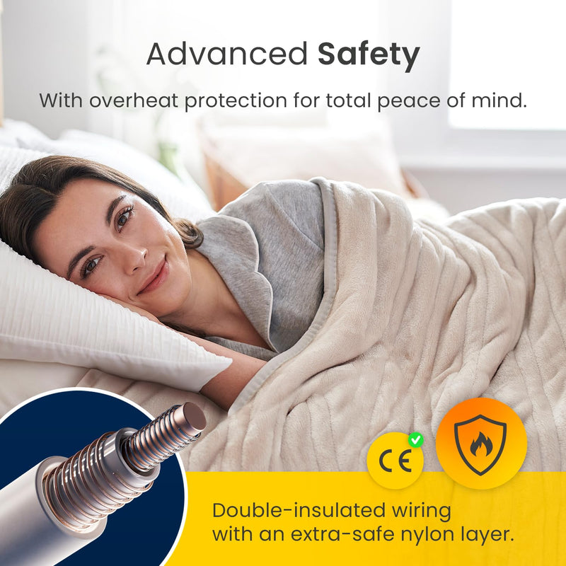 [Australia] - Cosi Home electric blanket 180x130 cm - electric heating blanket with automatic switch-off, overheating protection, washable, cozy fleece, 10 heating levels with digital remote control, 10 hour timer - cream 180 x 130 