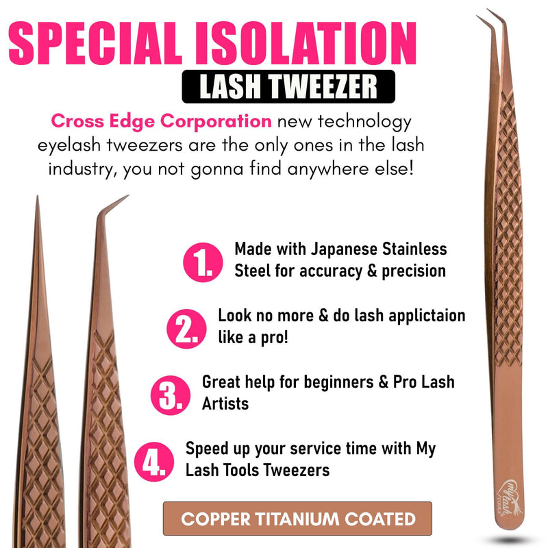 2pcs Curved & Straight Isolation Tweezers for Eyelash Extensions – 14cm Stainless Steel, Copper color Tweezer Set, Best for Classic & Individual Lashes, Professional Pinzas para Pestaña Copper X Tweezers Set