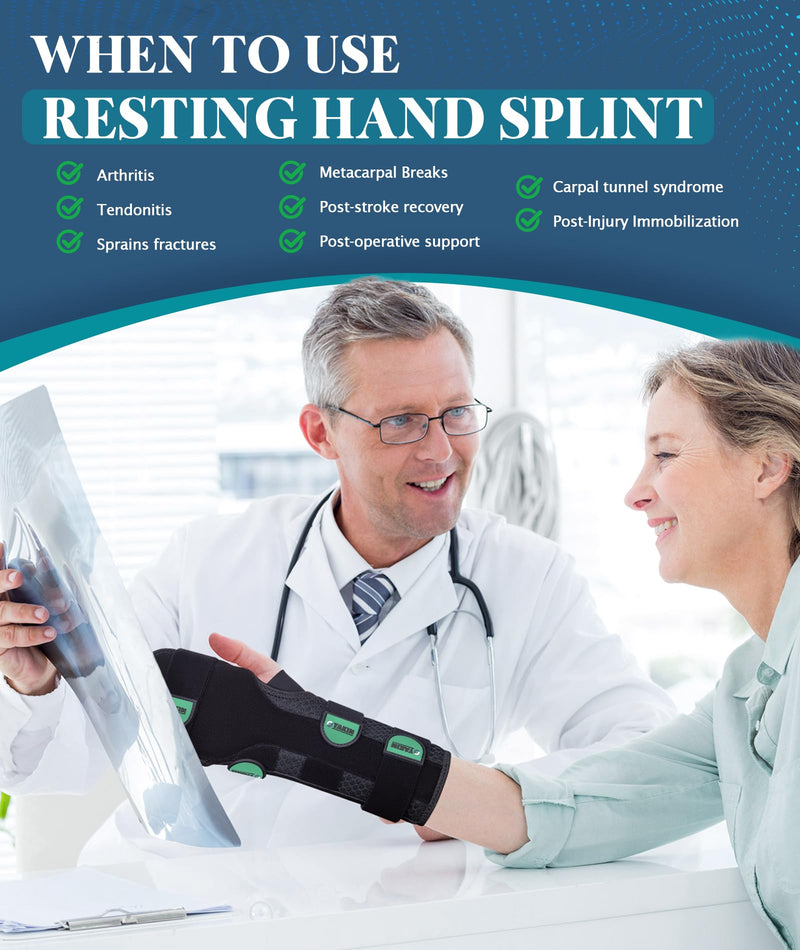 [Australia] - Resting Hand Splint for Stroke Recovery & Carpal Tunnel Relief - Night Immobilizer with Removable Splints, Arthritis & Tendonitis - Adjustable Wrist Support Brace Right Hand for Men & Women One Size Black-Right Hand 