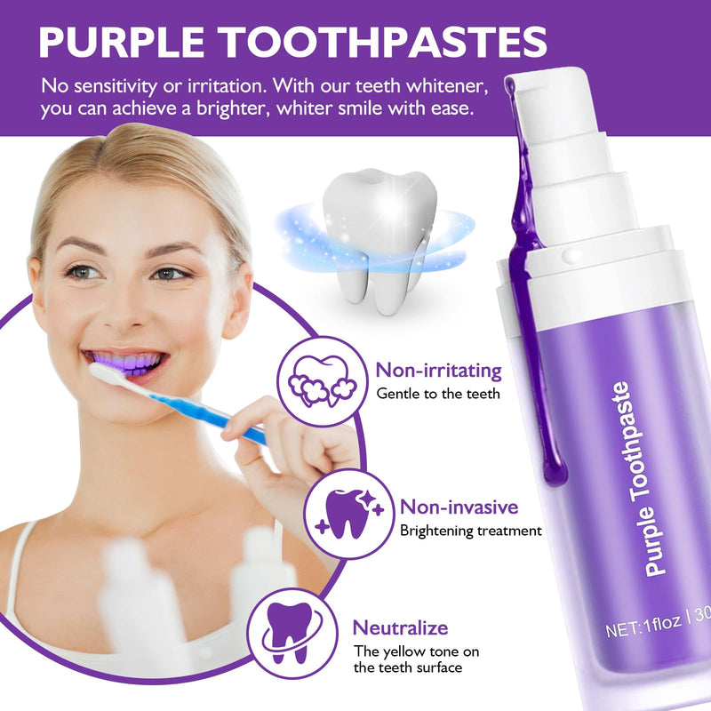 2PCS Purple Toothpaste for Teeth Whitening, Purple Toothpaste Whitening Booster, Tooth Stain Removal Colour Corrector, Stubborn Stain Removal & Enamel-Safe Brightening