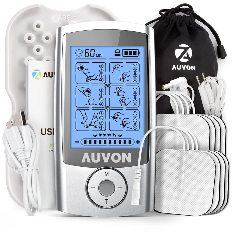 [Australia] - AUVON Rechargeable TENS Unit Muscle Stimulator, 24 Modes 4th Gen TENS Machine with 8pcs 2"x2" Premium Electrode Pads for Pain Relief A-silver 