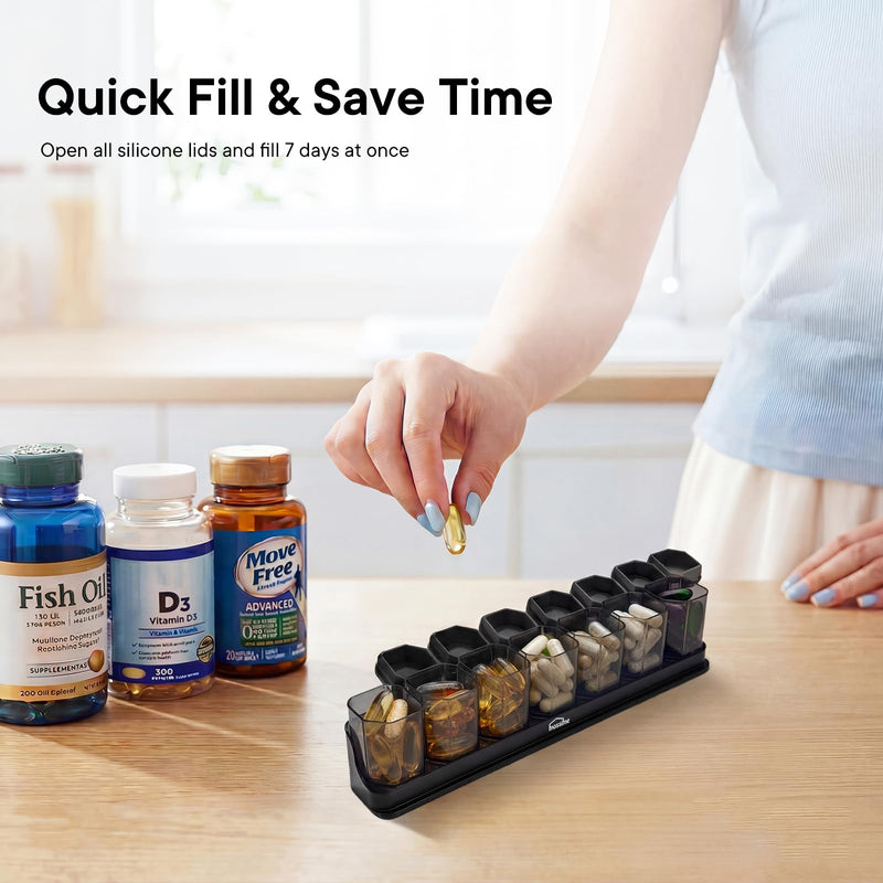 Medium-Large Weekly Pill Organizer 1 Time a Day, 7 Day Pill Box, Black | BPA-Free, Spill-Resistant, Detachable 1-a-Day Boxes, for Vitamins & Medication, Travel-Friendly, Velvet Pouch