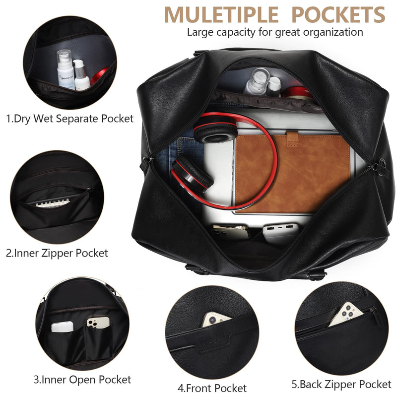 4-in-1 Leather Duffle Bag Weekender Bag for Women Men Large Overnight Bag | Hospital Gym Bag Carry On Personal Item Travel Duffel Bags with Shoe Compartment Toiletry Satchel Bag Fit 21" Laptop Black