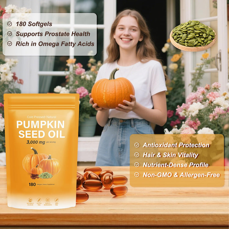 [Australia] - J-PRQ Pumpkin Seed Oil with Saw Palmetto- 180 Softgels - 3000mg -Cold Pressed - Pure Virgin Oil - Essential Fatty Acids & Phytosterols - Supports Hair - Urinary - Bladder & Prostate Health - Non-GMO 