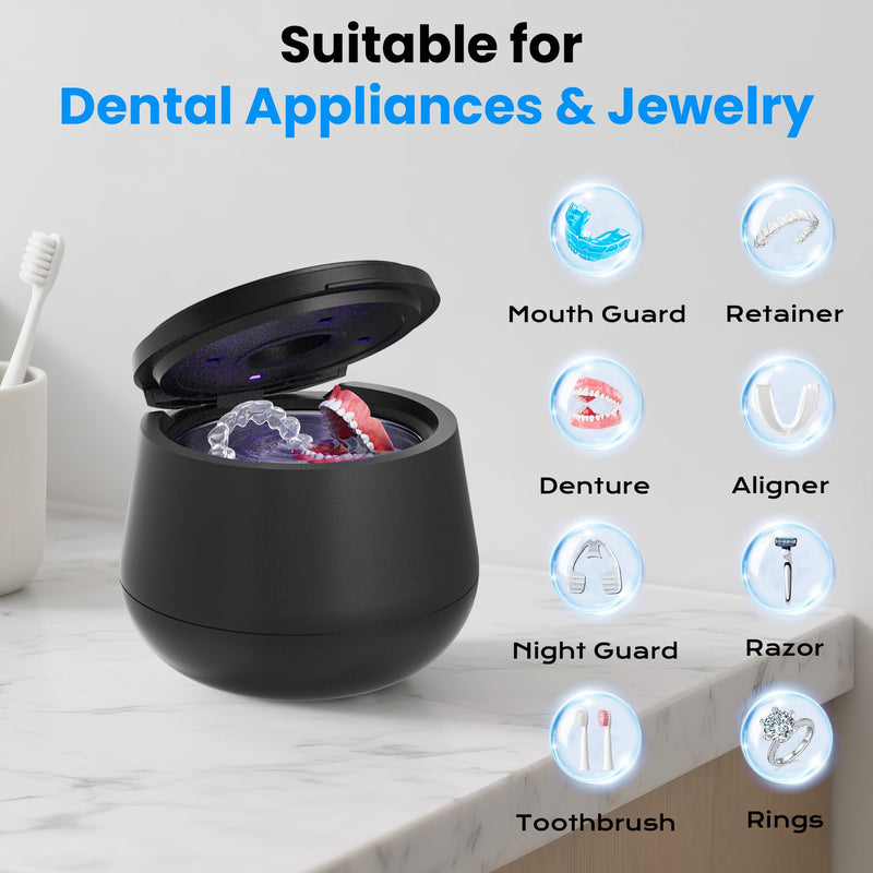 [Australia] - 45kHz Ultrasonic Retainer Cleaner, 200ML Dental Cleaning Pod for Dentures, Mouth Guards, Braces, Aligner, Toothbrush Jewelry and More, UV Denture Cleaner with 4 Modes & Digital Timer Black 