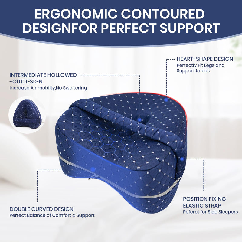 Knee Pillow for Side Sleepers, Alignment Pillows for Side Sleepers, Memory Foam Leg Pillow with Sleeping. Foam Support Pillow for Soothing Pain Relief for Sciatica - Adjustable Strap（Navy） Navy
