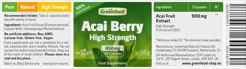 Greenfood Acai Berry, 500 mg, Extract (30:1),120 Capsules - the Blue Cell Protection Power from the Rainforest. Without Artificial additives. Without Genetic Engineering. Vegan. 120 capsules