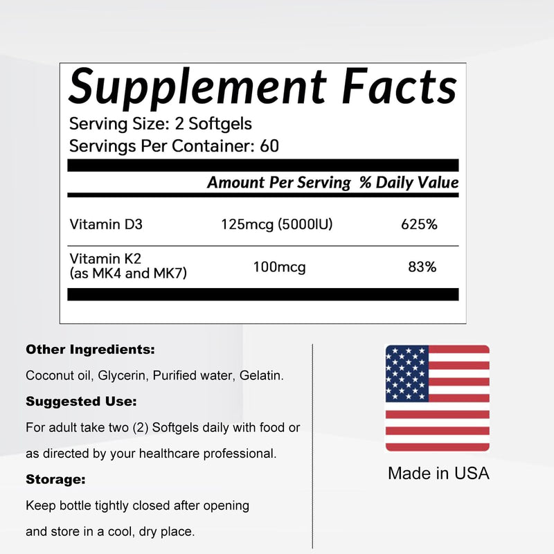 LIIFE Vitamin D3 + K2 (MK7 & MK4) 5000 IU, 120 Softgels | Features 5000 IU D3 with MK7 & MK4, supports immune, bone and heart health. Non-GMO & Gluten-Free formula 120 Count (Pack of 1)