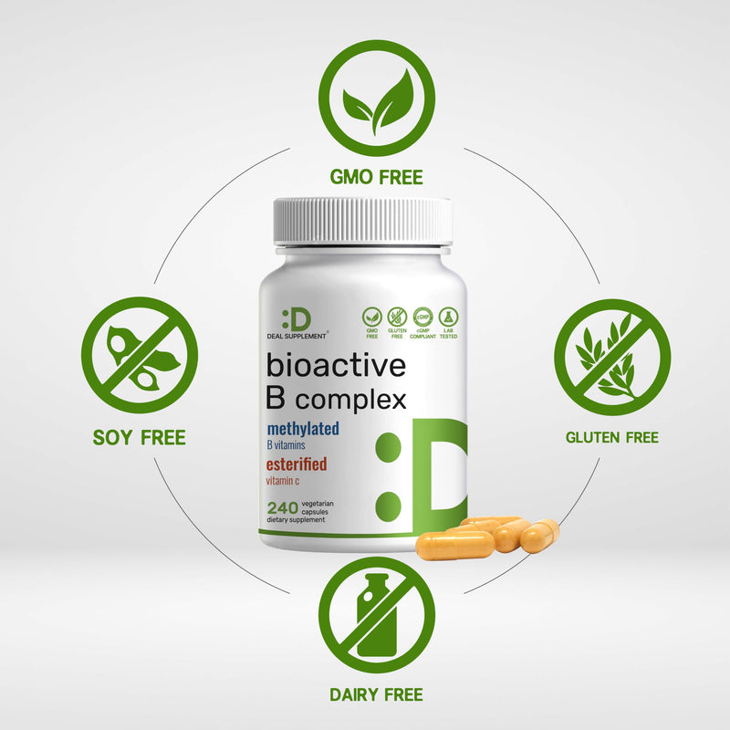 Bioactive Vitamin B Complex for Men & Women, 240 Veggie Capsules - Methylated B Complex & Esterified Vitamin C – High Potency & Easy Absorption – Immune, Energy & Metabolism Supplement – Non-GMO