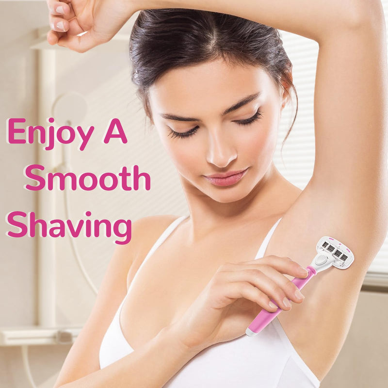 [Australia] - Razors for Women Include 2 Non-Slip Handles and 14 Blade Refills with a Shower Holder, 5 Premium Blades Women's Razors for Shaving with 360° Lubrication Reduces Irritation, Pink 