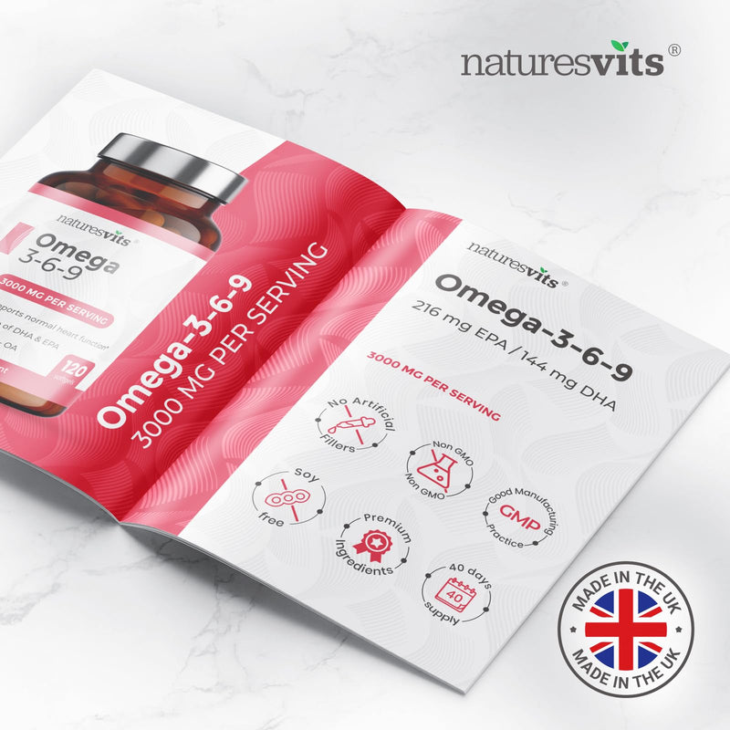 Omega 3, 6 and 9 High Strength Capsules, 3000mg - Fish and Flaxseed Oil Fatty Acid Nutritional Supplements for Women and Men - Natural Source of EPA and DHA - Easy Swallow Softgels