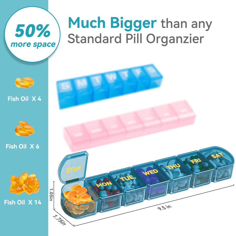 Large Pill Organizer Weekly - 7 Day Compartments with Easy-Open Design | SHIJOINYU XL Pill Box with High-Capacity, Daily Medicine Pill Organizer for Vitamins, Supplements, Fish Oils Blue