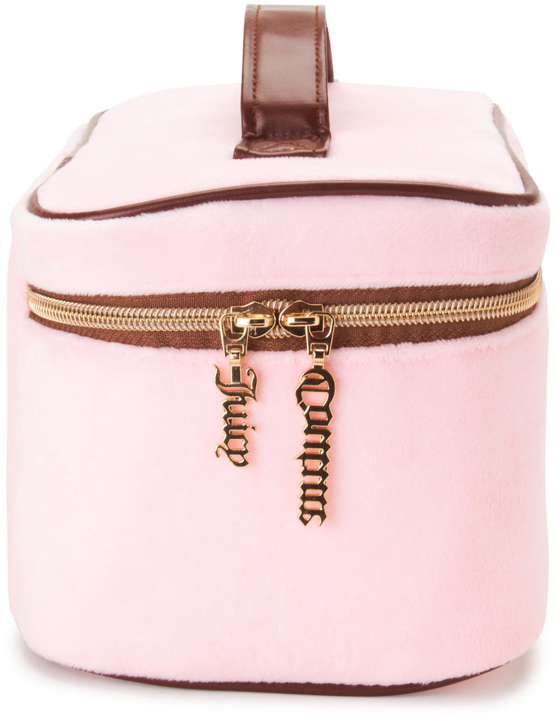 Juicy Couture Pink Makeup Bag Cosmetics Organizer Travel Essentials Train Case Gold Terroir Dog Rhinestone Crown Velour